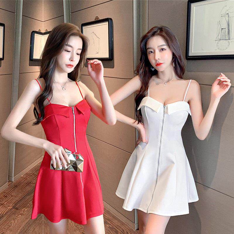 女装时尚甜美性感夜店修身显瘦拉炼炼吊带可爱毛毛领裹胸大摆洋装