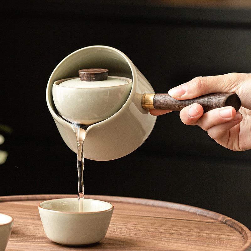 御黄汝窑侧把壶陶瓷泡茶壶单壶简约户外便携式茶具一壶三杯不烫手