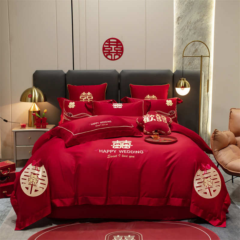 厂家直销新款大红色结婚四件套备婚好物简约款磨毛六件套床单双人