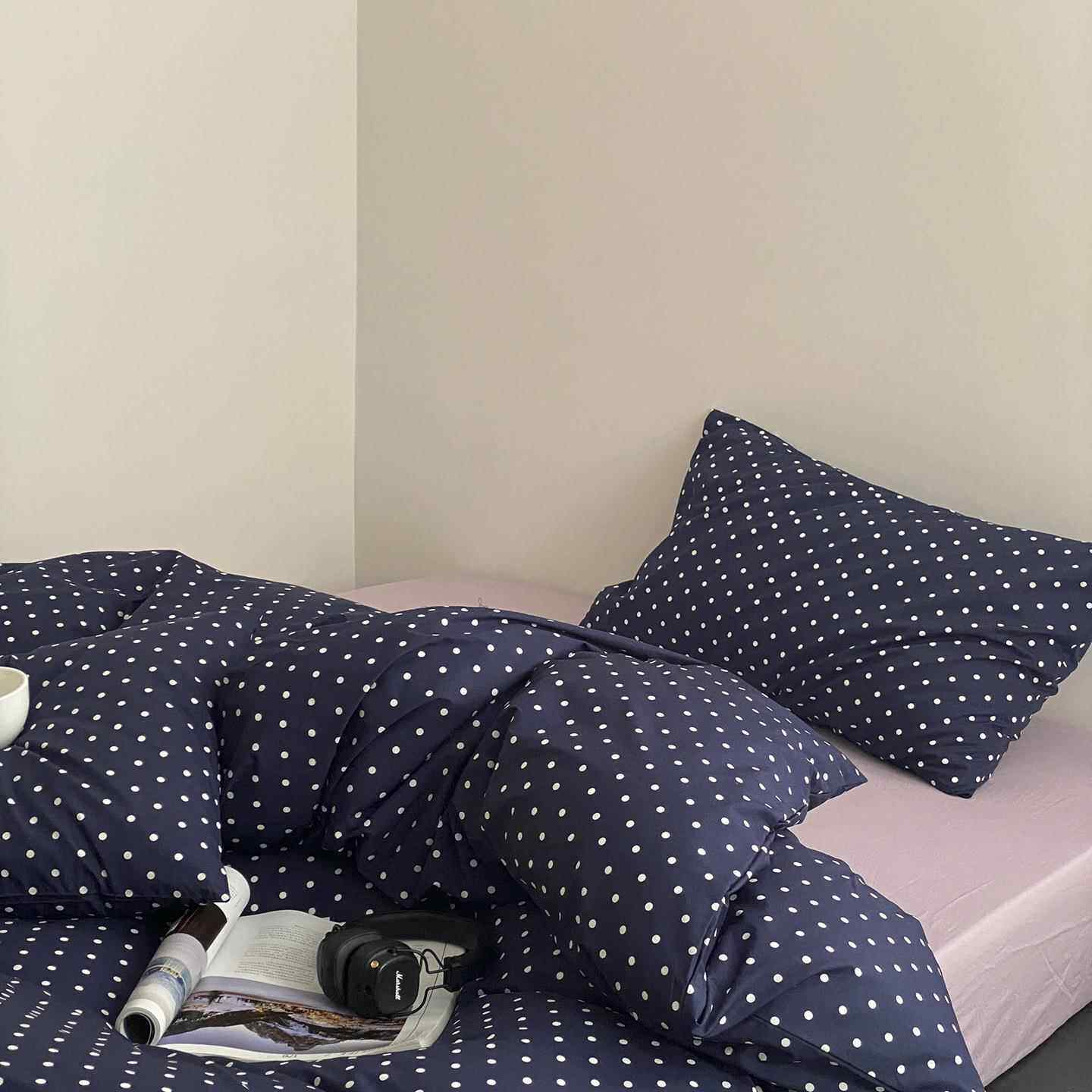 韩式简约风波点柔软裸睡全棉针织棉床上四件套天竺棉纯棉被套床单