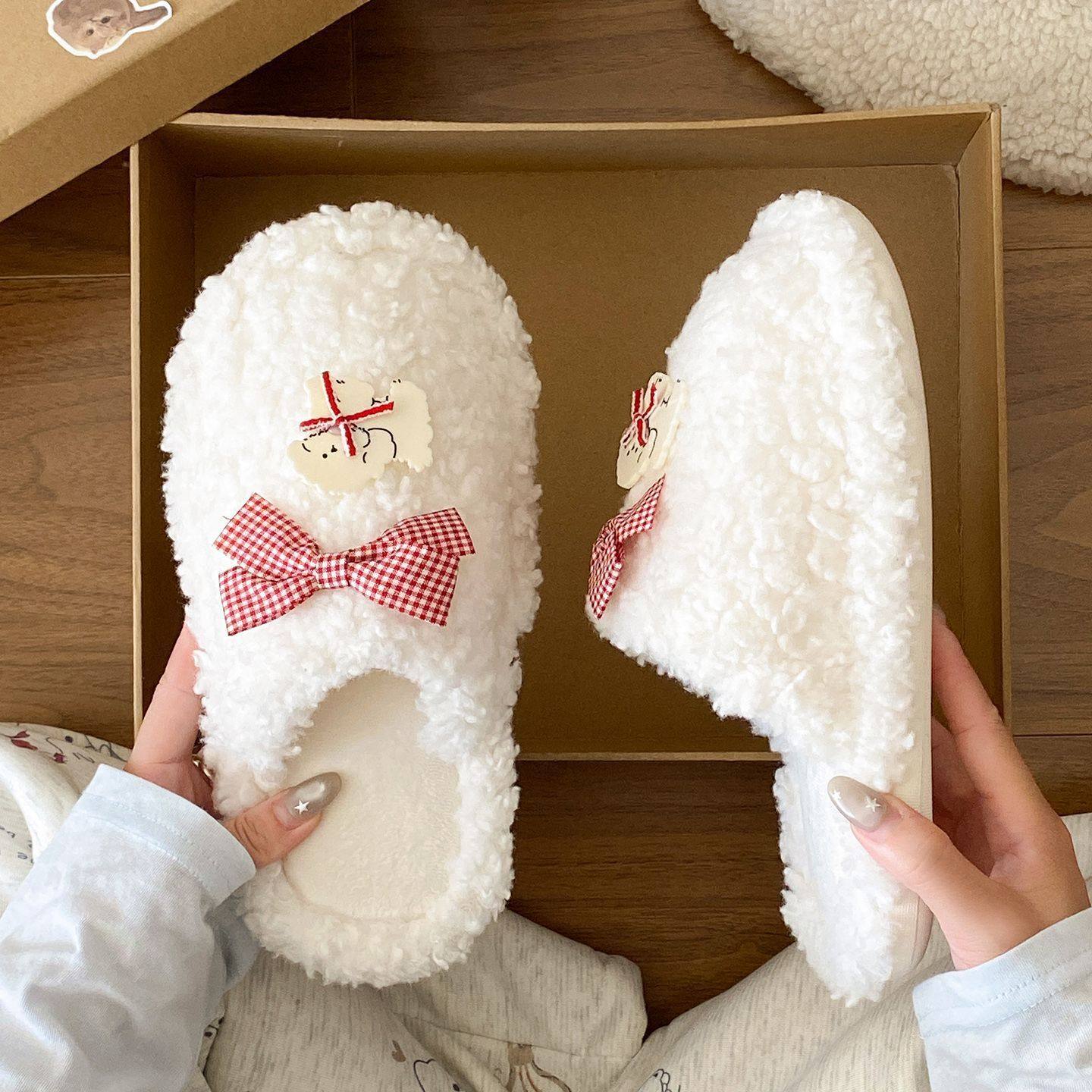 棉拖鞋女冬天爱平底轻便耐磨卡通室内居家外穿毛毛半包拖鞋冬季