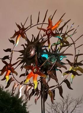 外贸欧美风能转动新款户外花园草坪插件带灯太阳神旋轮大风车铁艺