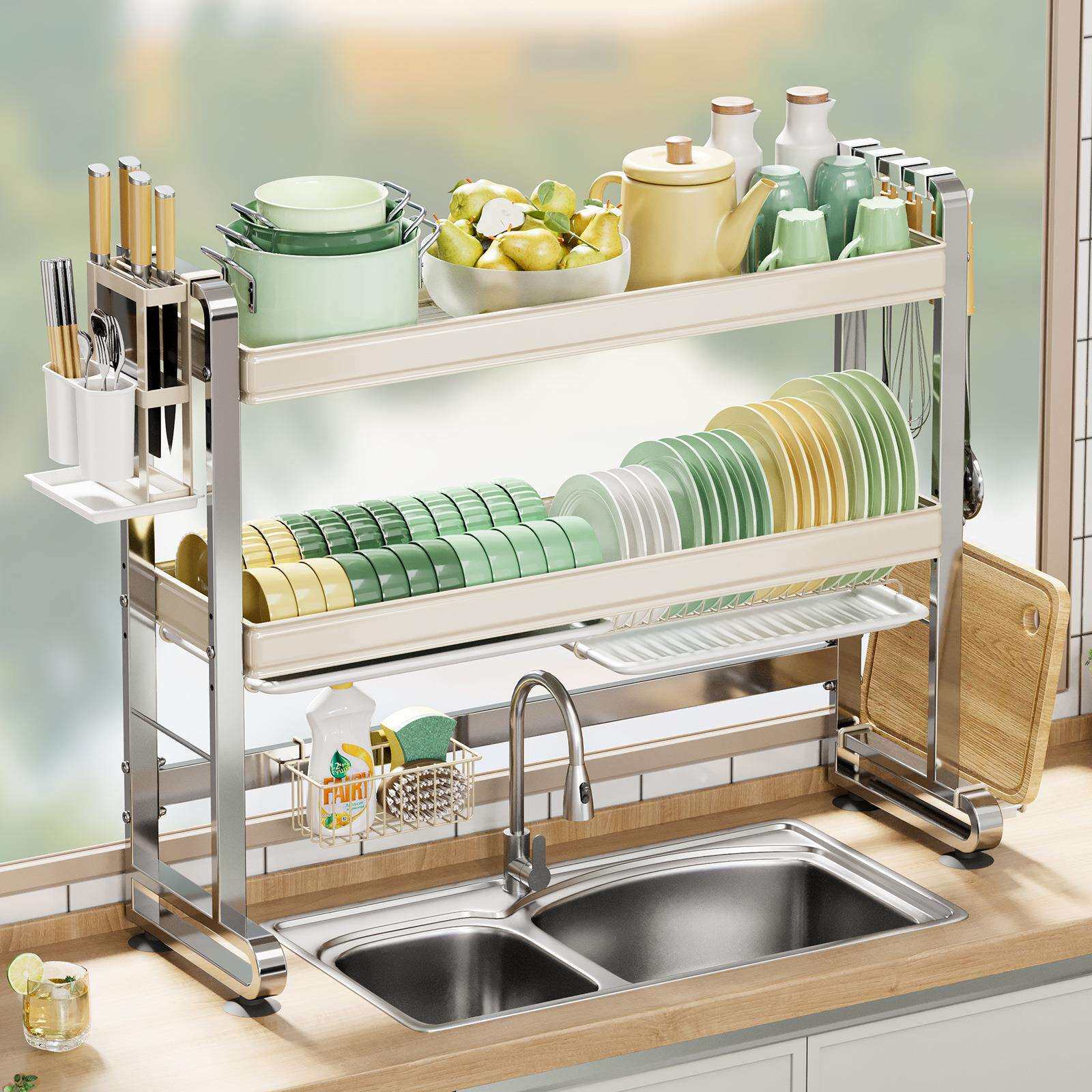 不锈钢水槽置物架厨房台面碗盘碟子沥水架带接水盘碗碟架子奶油风