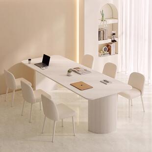 奶油风岩板会议桌长桌现代简约轻奢洽谈纯白2m工作台长条桌椅组合