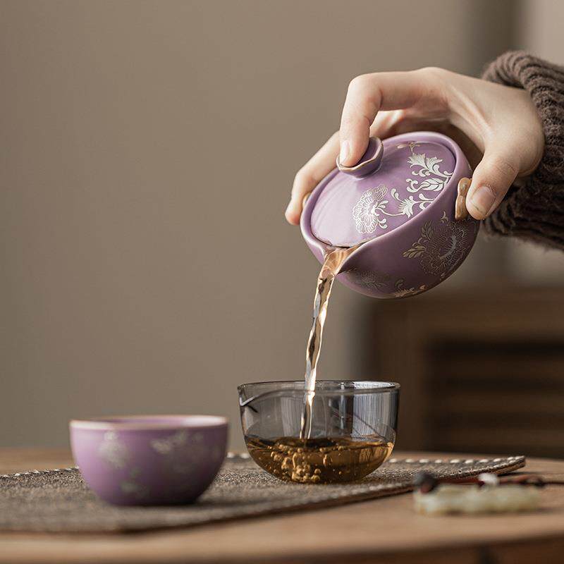 国风紫汝鎏银牡丹缠枝莲一壶二杯旅行茶具家用户外便携陶瓷快客杯