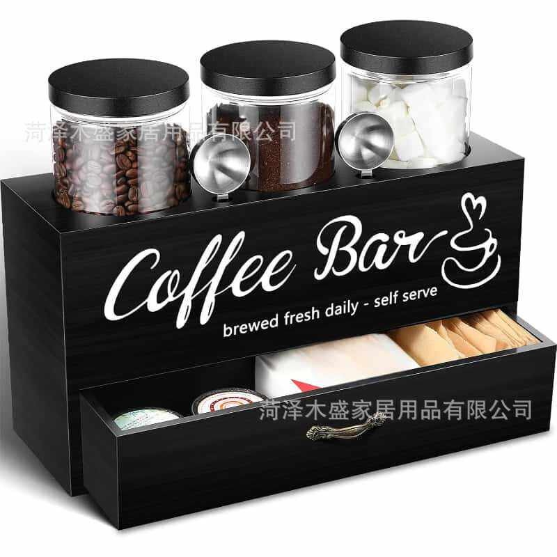 实木咖啡收纳盒咖啡茶包带抽屉整理盒家用简约桌面咖啡豆储物盒
