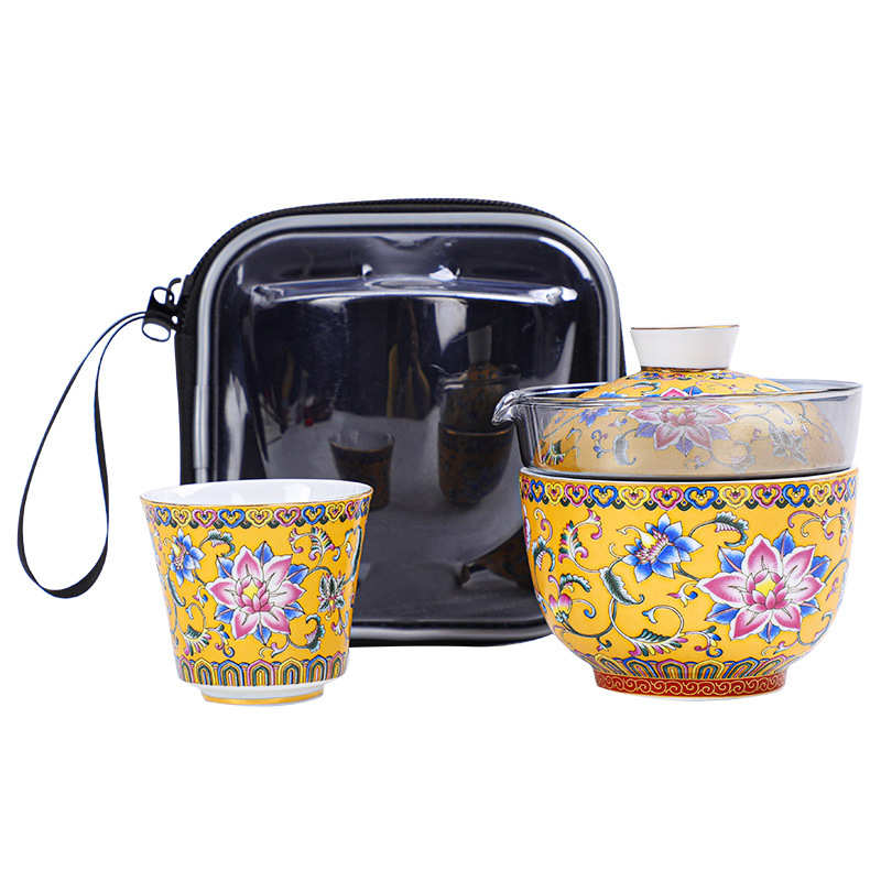 高档陶瓷珐琅彩旅行茶具快客茶杯便户外携式套装一壶两杯伴手礼品