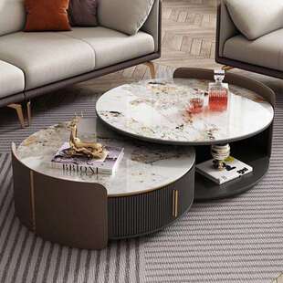 新款 伸缩岩板茶几圆形客厅轻奢家用小户型简约现代黑色电视柜组合