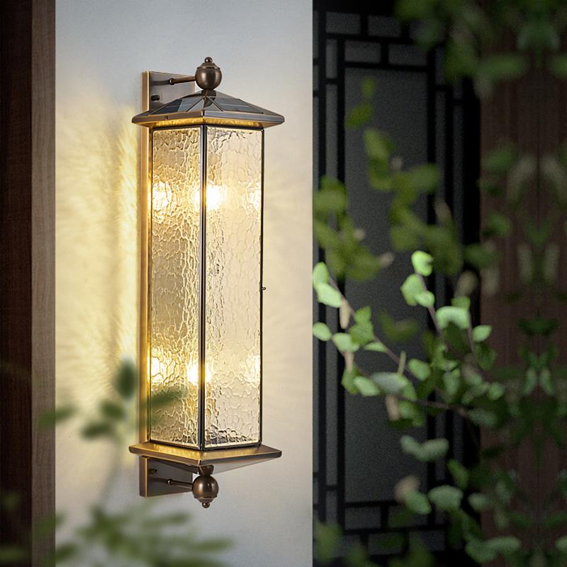 庭院壁灯户外防水中国风别墅全铜太阳能大门两侧长条门柱壁灯中式