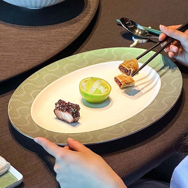 新款釉上彩椭圆鱼盘酒店专用冷菜盘子高端会所意境菜陶瓷创意餐具