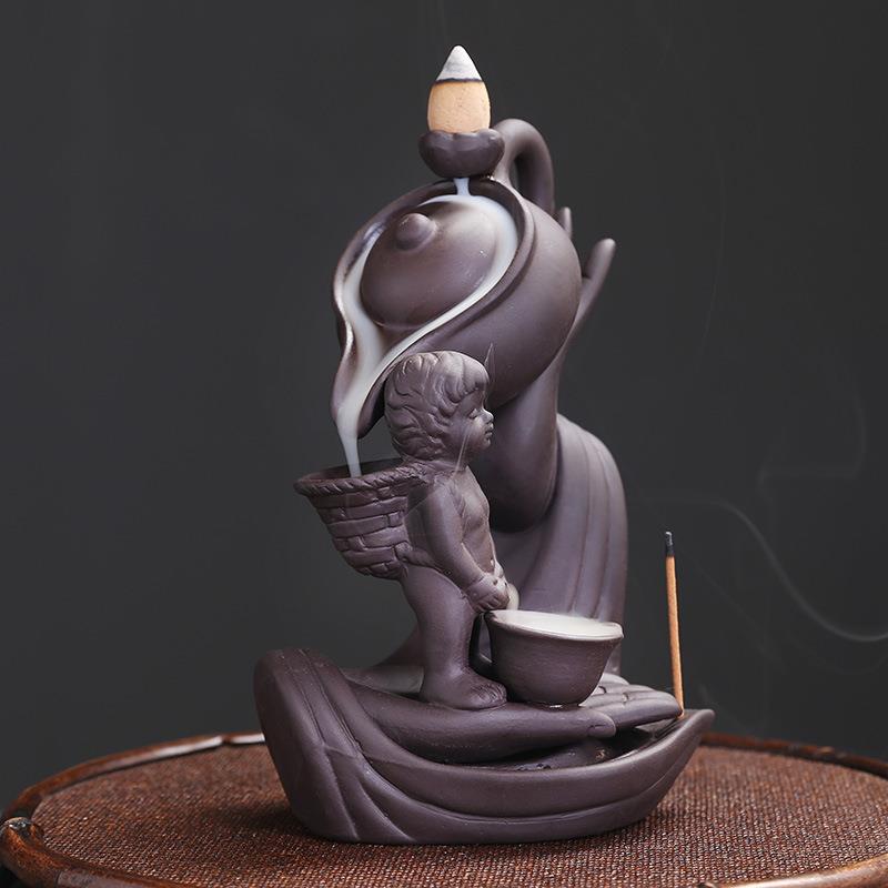跨境紫砂佛手倒流香薰炉 创意佛手莲花童子尿尿禅意摆件倒流香炉