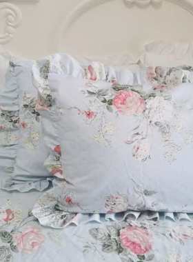 7K1田园风格枕套两个蓝绿色纯棉带拉链枕套推荐一对装公