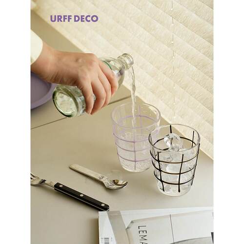 URFF DECO织网玻璃杯中古风手绘彩色线条ins格纹牛奶咖啡耐热水杯