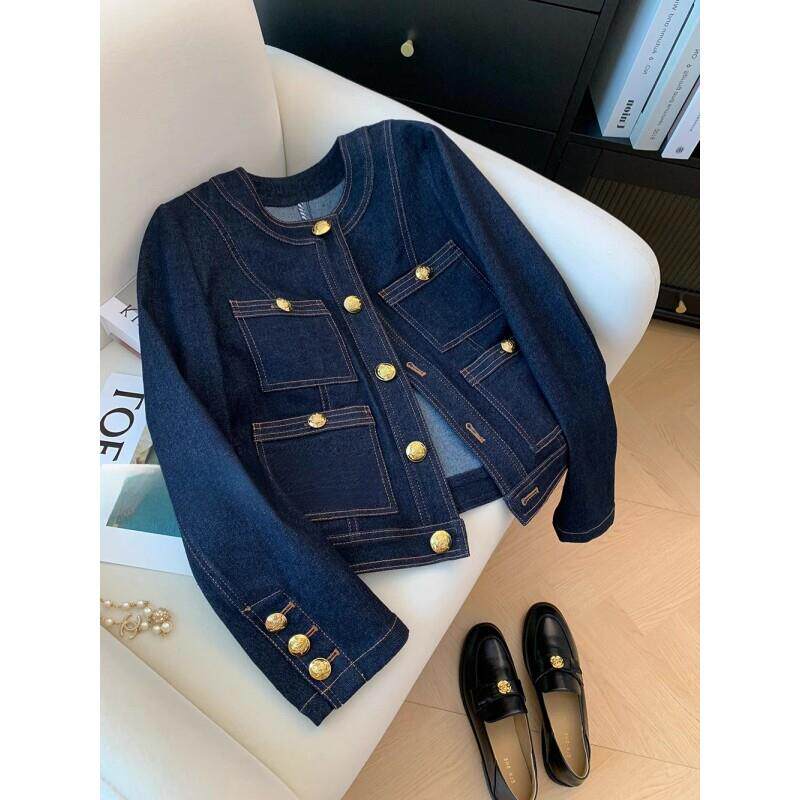 小香风复古圆领牛仔外套女春秋高级感气质名媛小个子短款夹克上衣
