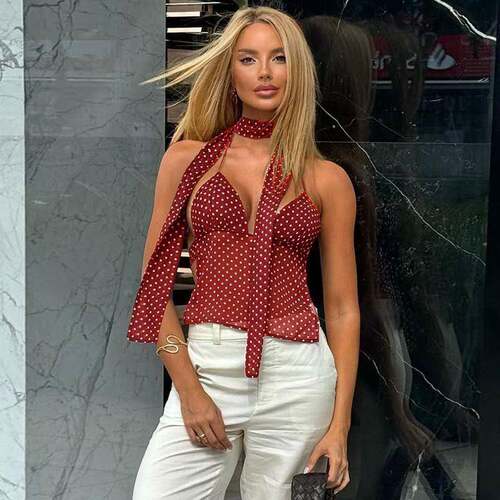 Women's Fashion Colorblock Polka Dot Basic Halter Top Small