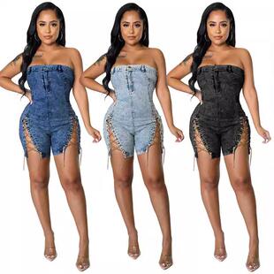 Streetwear Crop Top Denim Romper, Waist Cinched Side Split