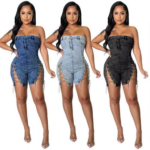 Streetwear Crop Top Denim Romper, Waist Cinched Side Split