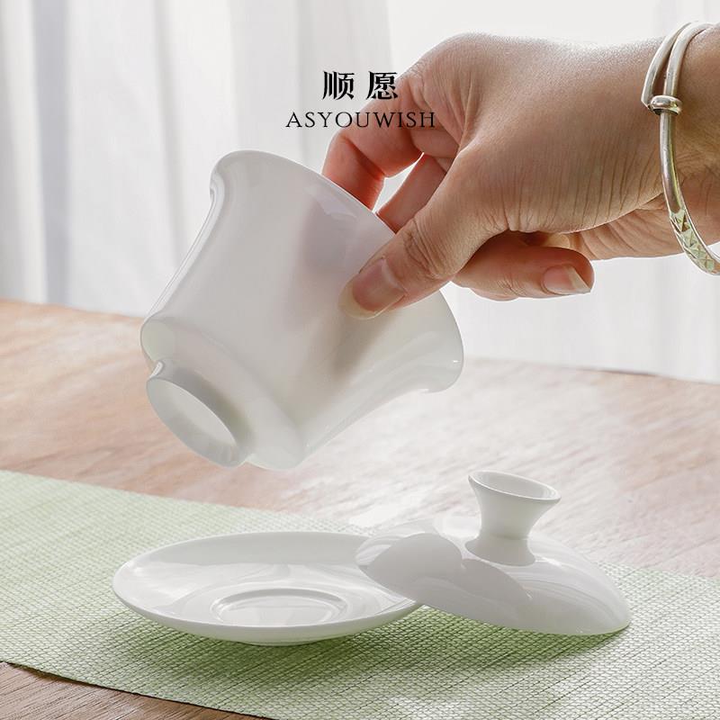 潮州骨瓷盖碗薄胎马蹄三才盖碗茶杯大号高档白瓷泡茶碗带盖子茶具