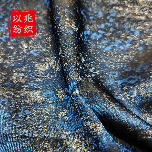 鎏金油墨感经典深蓝色织面料女装秋冬鞋服复古上衣重工花束包装布