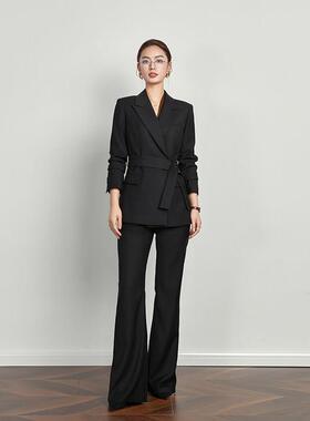 春秋高级黑色设计感系带职业西装女气质显瘦西服喇叭裤时尚套装女