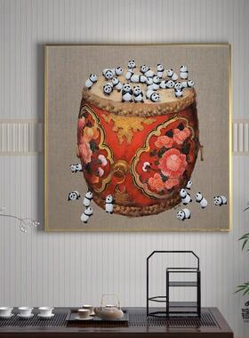 新中式客厅装饰画红色花鼓可爱小熊猫入户玄关壁画样板间方形挂画