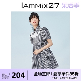 IAmMIX27复古连衣裙女减龄灯笼袖高腰个性娃娃领黑白格纹A字裙女