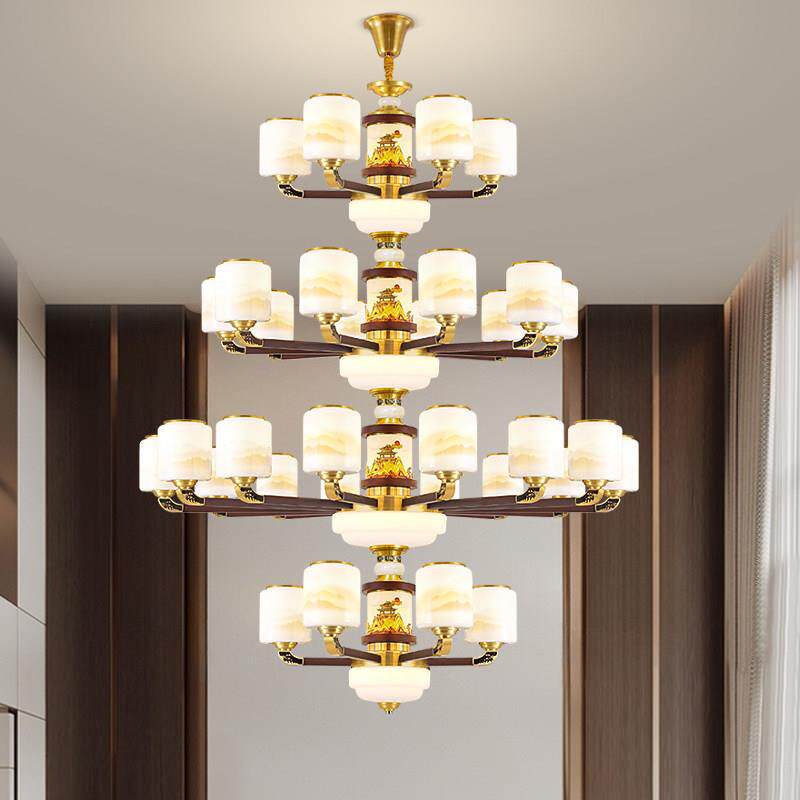 全铜实木新中式别墅客厅挑空大吊灯中国风高端大气楼中楼玉石灯具