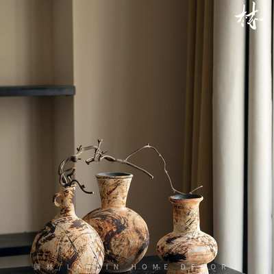 景德镇侘寂风复古粗陶小花瓶文艺插花瓶客厅玄关酒店陶瓷粗陶花器