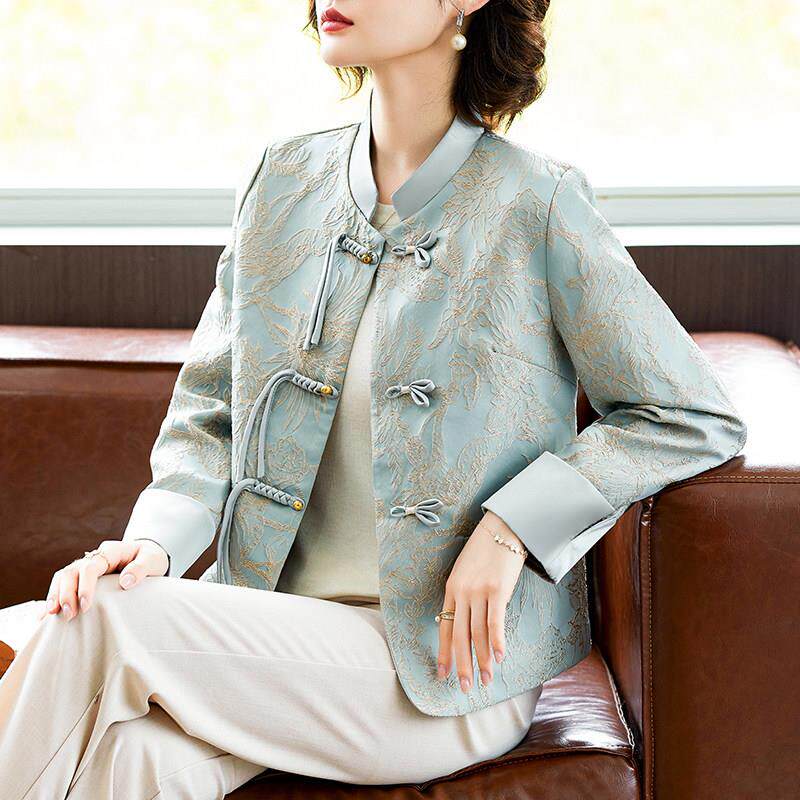新中式妈妈秋装国风桑蚕丝外套2025新款中老年女春秋盘扣唐装上衣