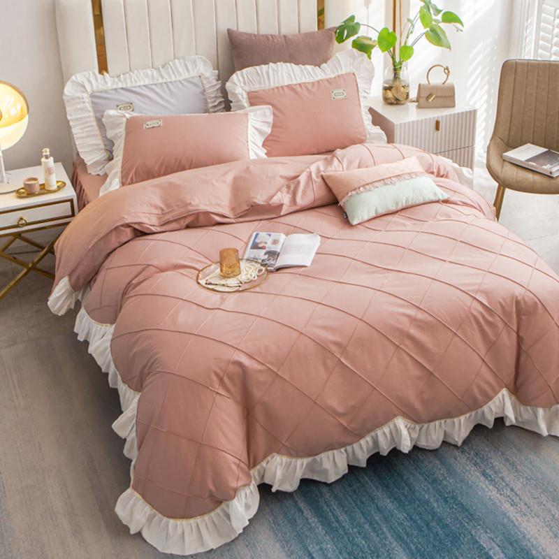 高档网红全棉四件套少公主风裙女心蕾丝1荷叶边00纯棉被套床上用