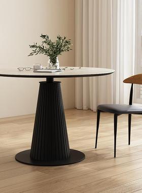 0J洞石岩板圆形餐古家用小户型餐实木厅圆桌桌复REF黑色简约餐厅
