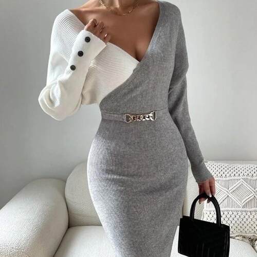 2026 Colorblock V-Neck Long Sleeve Knit Sweater Dress Button