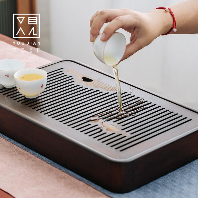 重竹实木观山茶盘嵌入式长方形干泡台简约家用办公中式茶海托 托