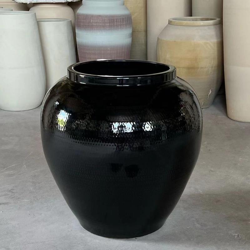 黑色大缸落地陶瓷罐酒店大厅插花瓶景观流水坛子餐厅庭院别墅摆件