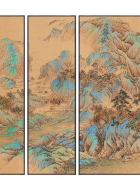 新中式玄关装饰画《青绿江山》风景端走廊过道大幅多联立体挂画