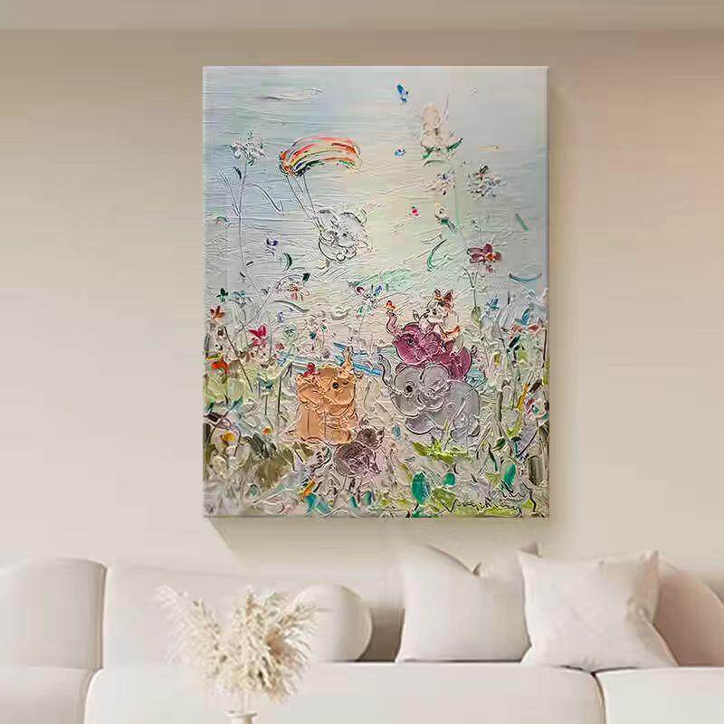 吉祥小象纯手绘油画奶油风立体肌理画玄关装饰画过道卧室挂画