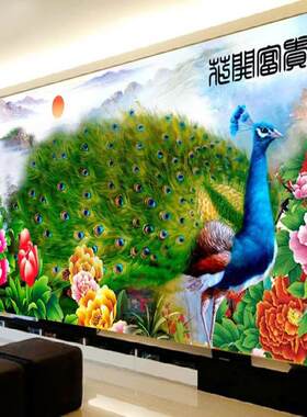 青飞新版孔雀图十字绣花开富贵孔雀牡丹十字绣横幅客厅大画