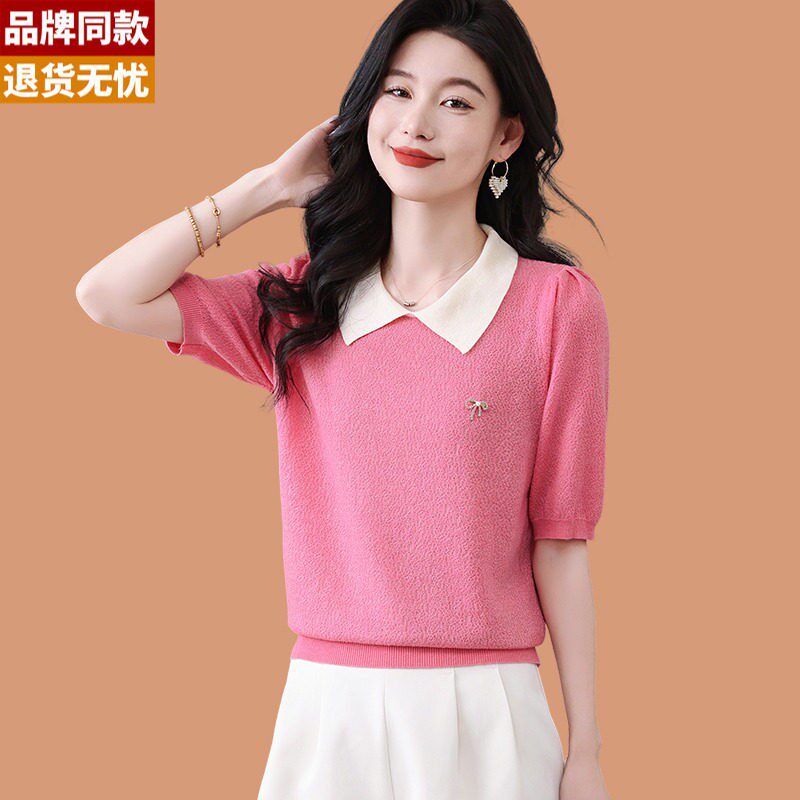 翻领冰丝短袖t恤女2025夏季薄款洋气妈妈天丝桑蚕丝针织半袖上衣