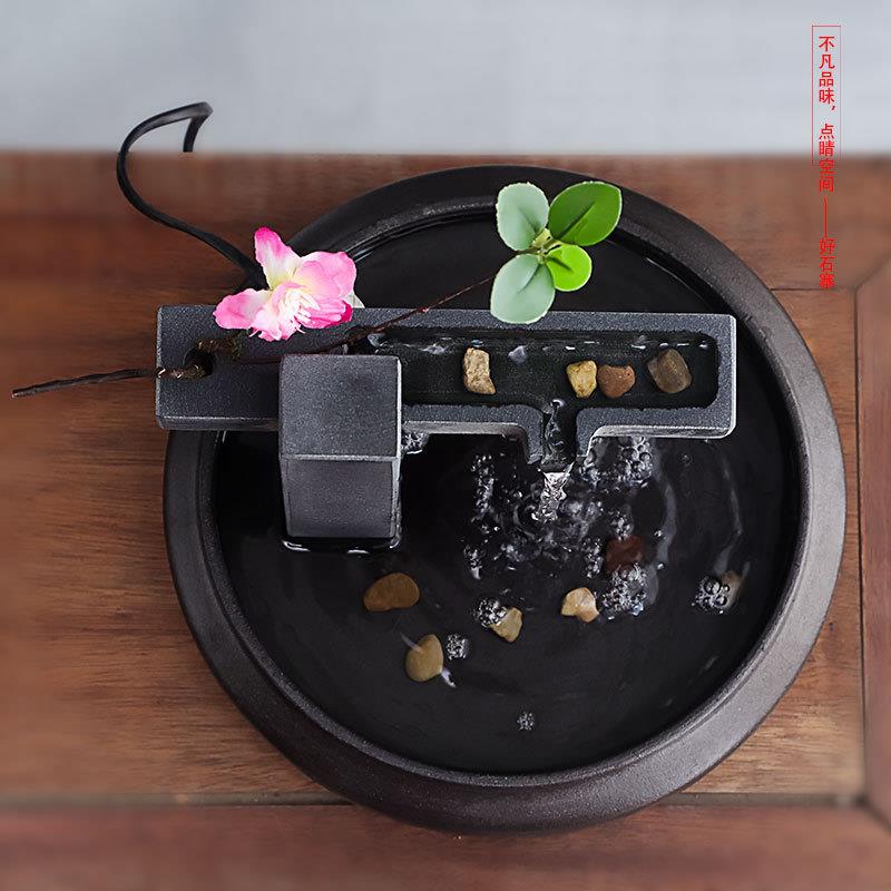 好石寨陶瓷圆形流水摆件茶室桌面收银台循环流水生财乌金石出水口