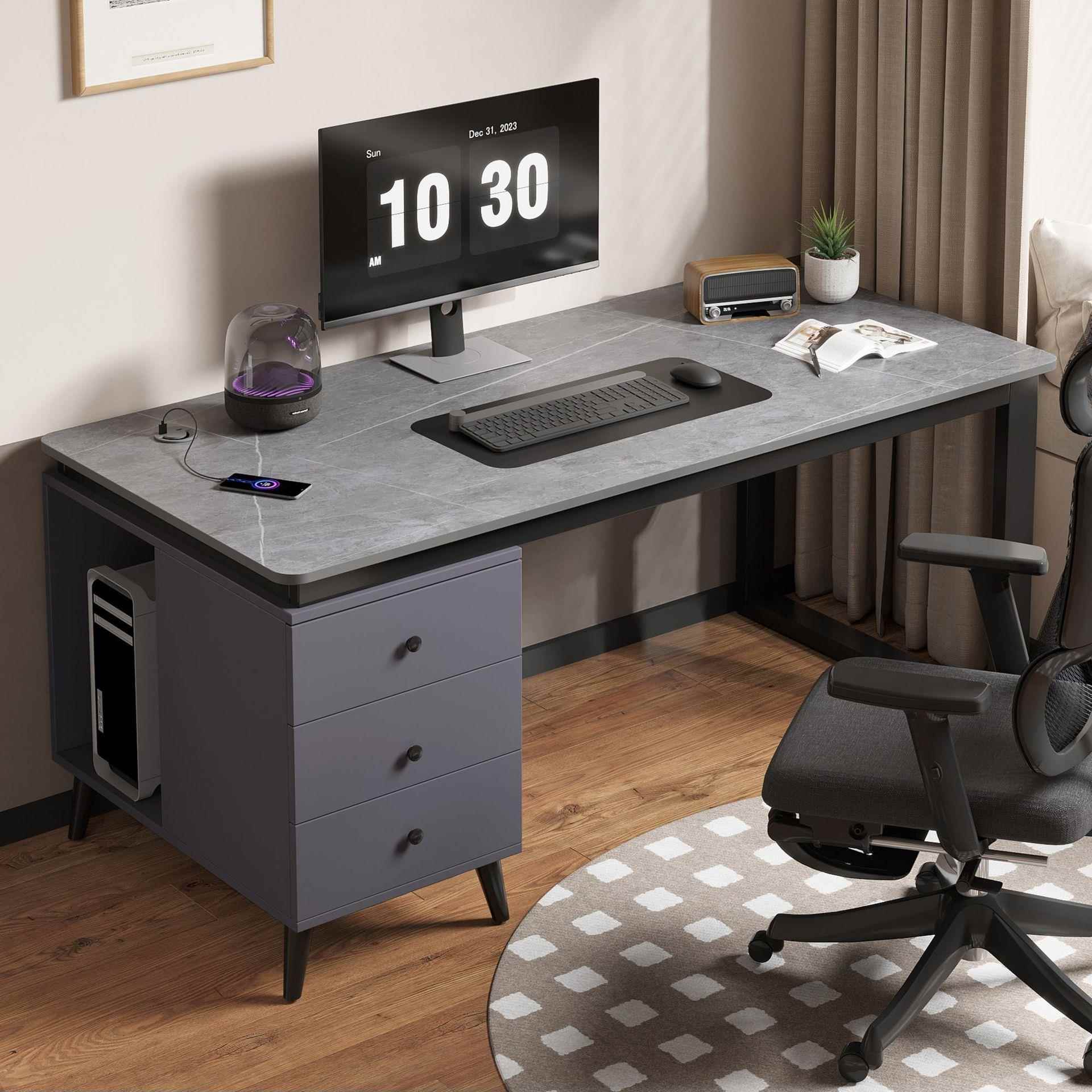 岩板电脑桌台式家用书桌新卧室轻奢学生学习带抽屉写字桌子办公桌