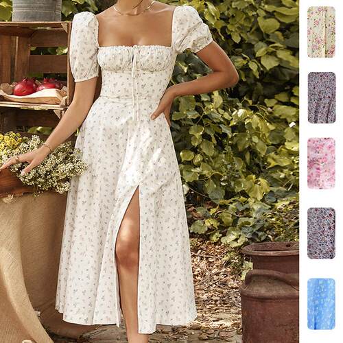 Women Summer Casual Flutter Sleeve Square Neck Floral