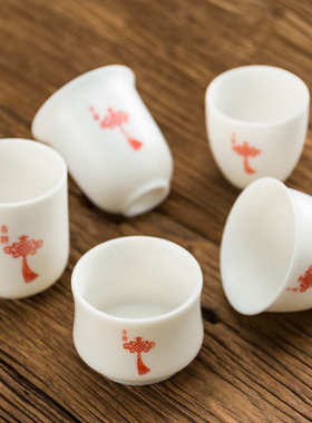 羊脂玉瓷功夫茶具单杯个人专用主人杯红色中国结白瓷品茗杯可雕刻