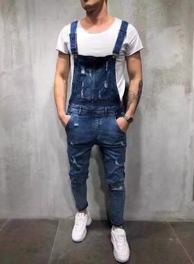 Men's High Cotton Distressed Denim Overalls Vintage Washed