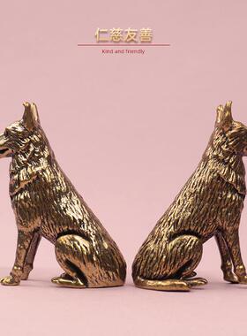 直销新款龙年国潮纯铜狼狗摆件客厅装饰品办公室桌面摆设挂串铜艺