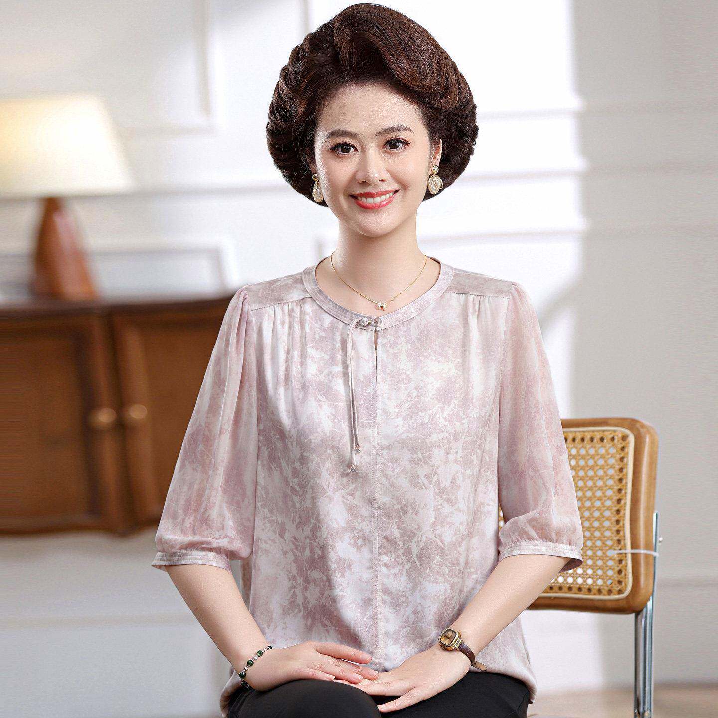 中年T恤女圆领夏装桑蚕丝100%套装小个子中式妈妈真丝印花上衣薄