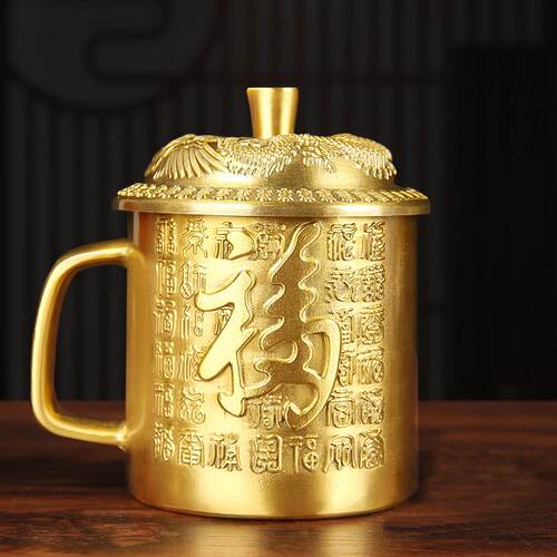 新款黄铜百福杯纯黄铜茶缸高档家居茶道摆件古玩铜器收藏带盖把手
