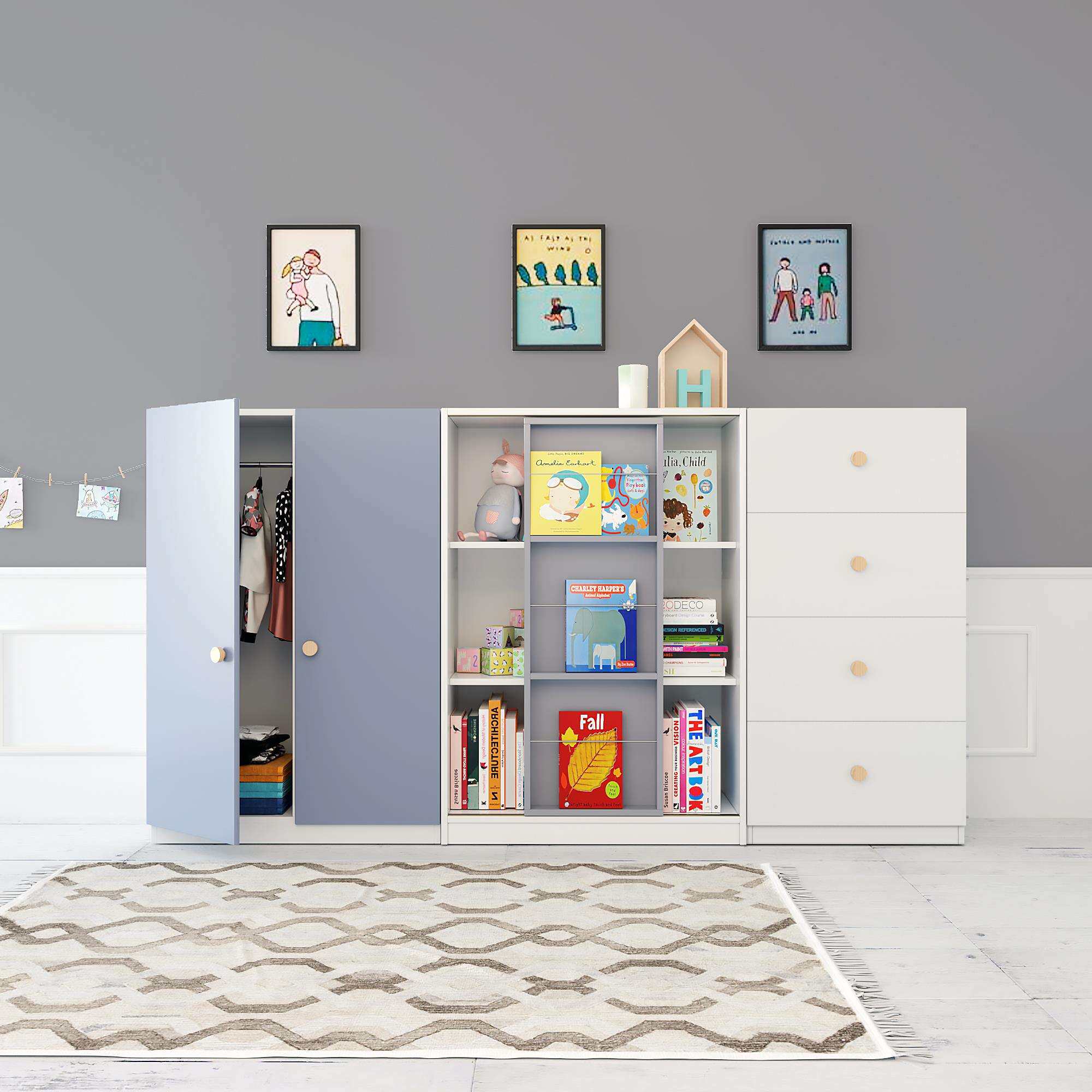 9W实木儿童衣柜家用卧室小衣柜男孩女孩组合书架收纳柜储物