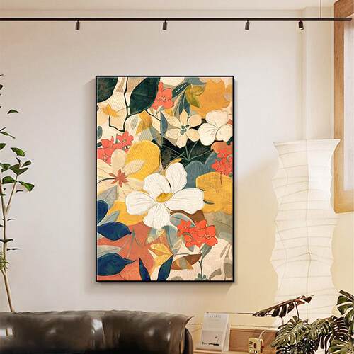 中古风客厅装饰画法式复古抽象花卉沙发落地挂画高级肌理玄关壁画