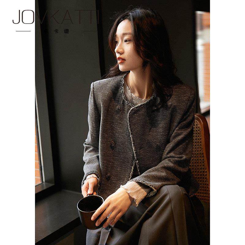 优雅时尚斜条纹流苏羊毛针织上衣JOVKATTI小香风气质圆领短外套女