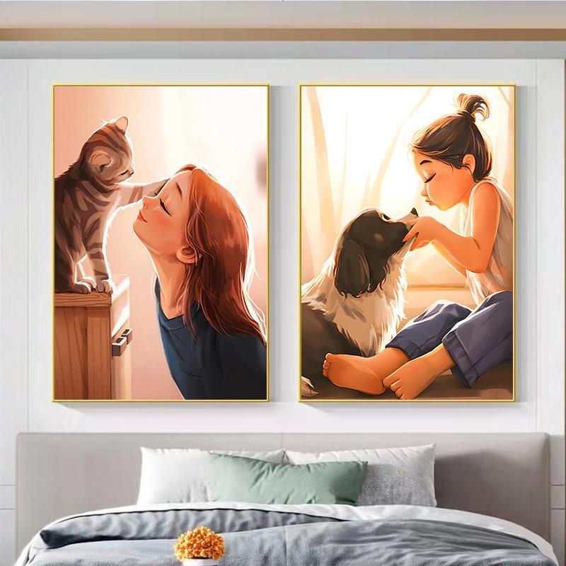 儿童房床头装饰画治愈喵咪可爱小狗女孩卧室挂画客厅壁画卡通摆画